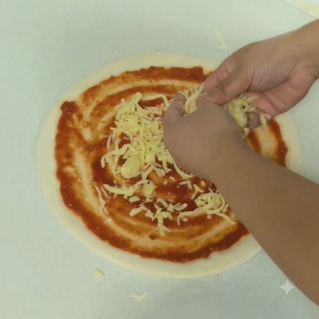 Manos esparciendo queso rallado uniformemente sobre la salsa de tomate de la base de la pizza.