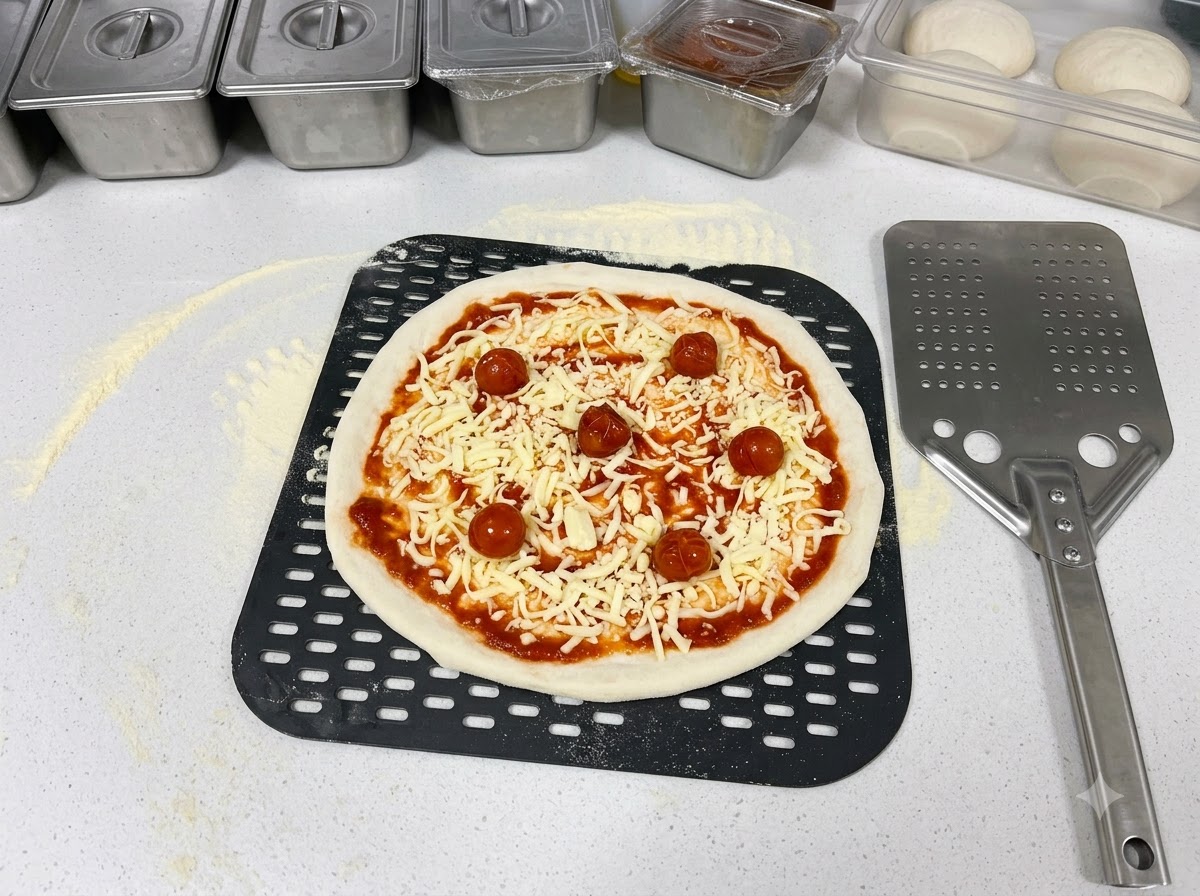 Tomates cherry marinados colocándose con unas pinzas sobre la pizza cubierta de queso.