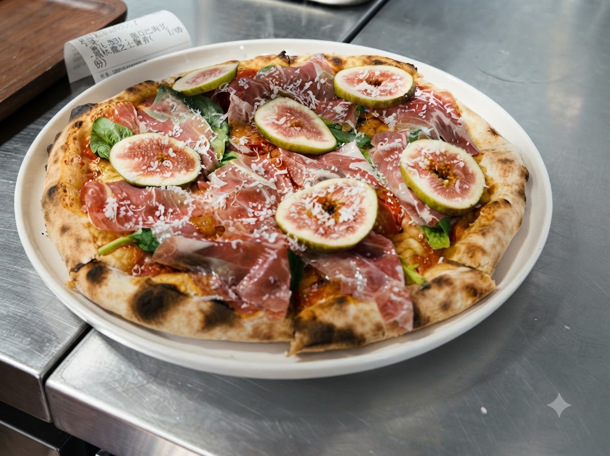 Queso recién rallado cayendo sobre una pizza terminada y adornada con prosciutto y higos.