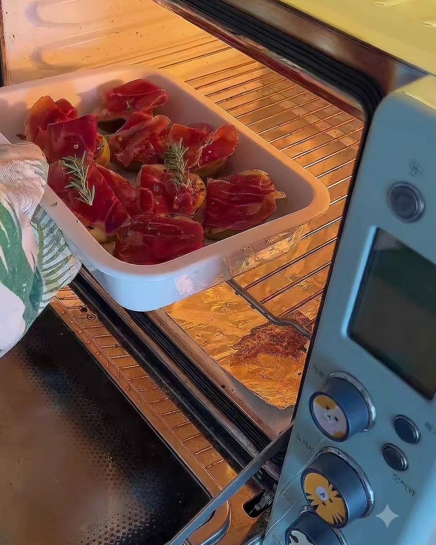 Una fuente de horno con higos rellenos siendo colocada dentro de un horno pequeño.