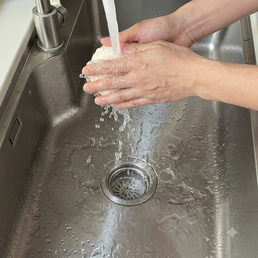 Un pan al vapor siendo enjuagado bajo el agua corriente en el fregadero de la cocina.