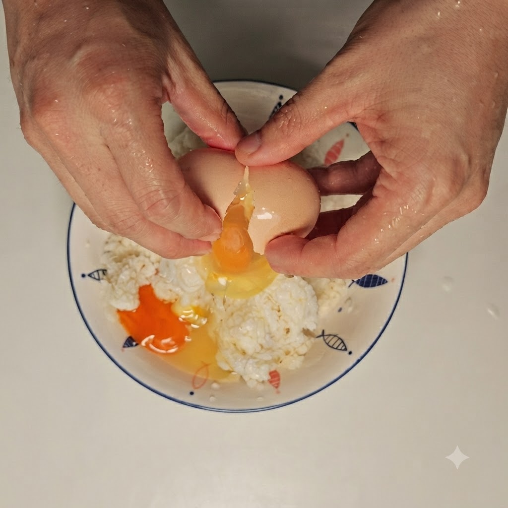 Un huevo crudo siendo cascado dentro de un bol con migas de pan blancas.