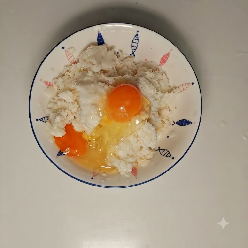 Migas de pan y un huevo crudo combinados en un bol blanco antes de mezclar.
