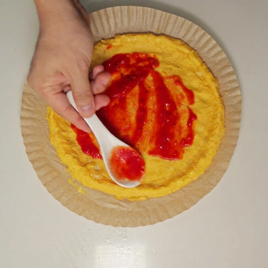Una cuchara esparciendo salsa de tomate de color rojo vibrante uniformemente sobre una base redonda de masa de pizza.