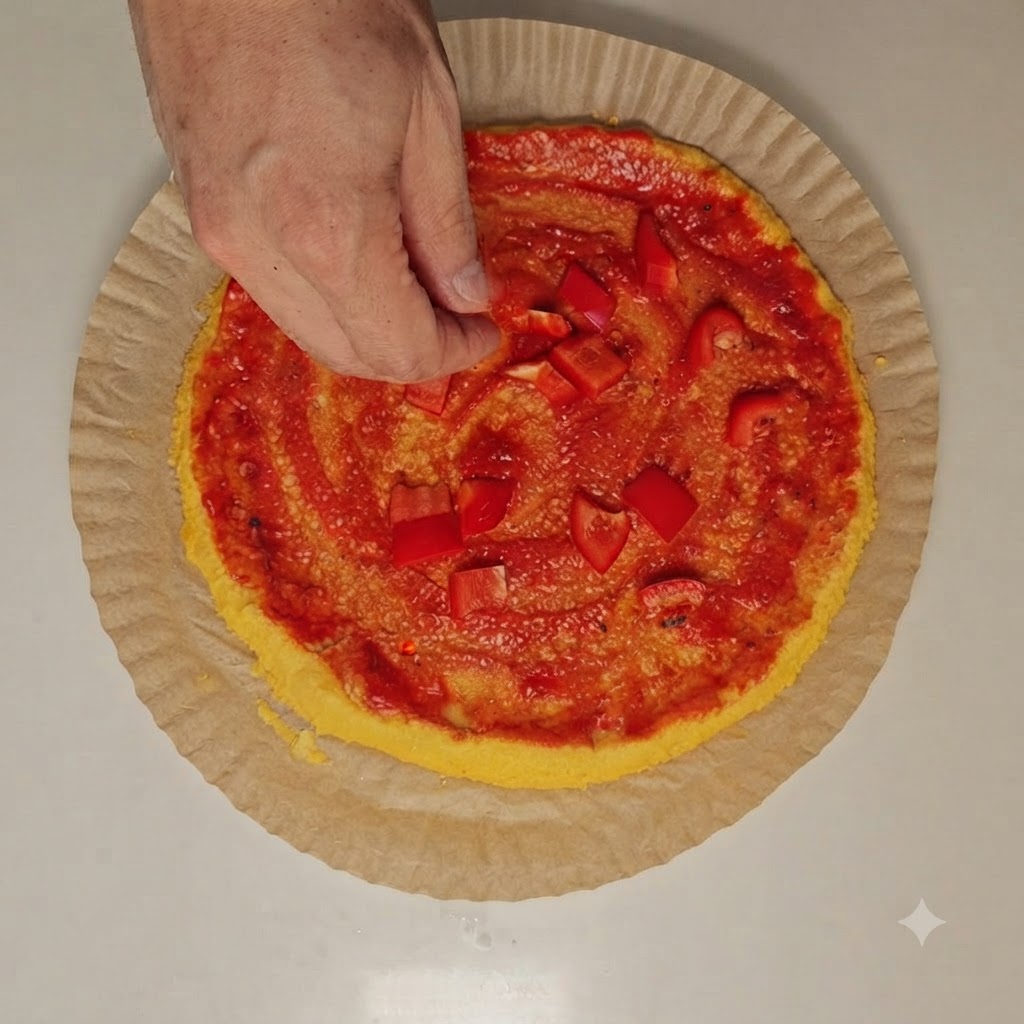Una persona esparciendo queso rallado sobre pimientos picados en una base de salsa de pizza roja.