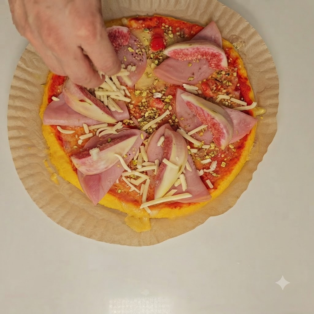 Una mano agregando un toque final de queso rallado sobre los higos y el jamón antes del horneado final.