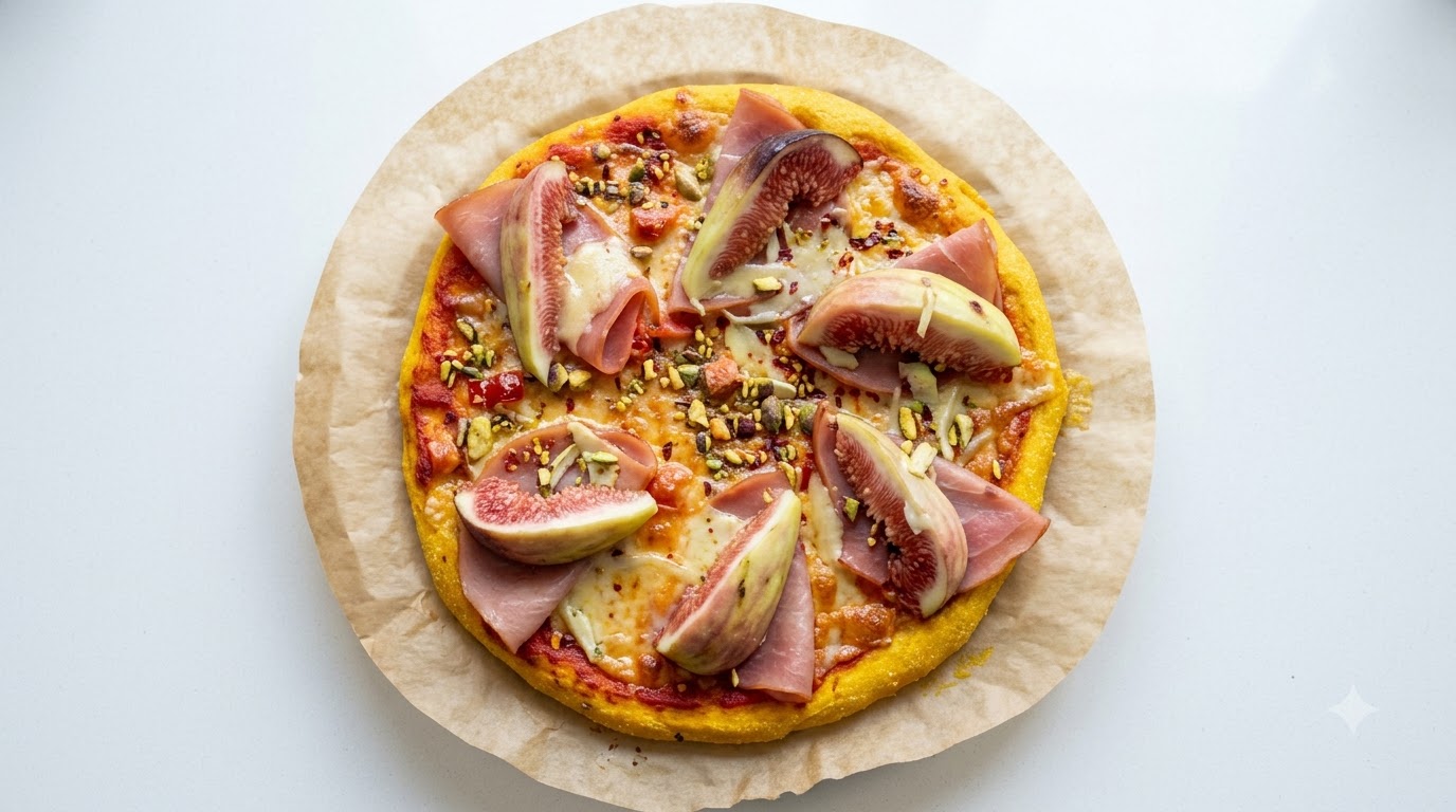 Una pizza casera cubierta con rodajas de higos frescos, jamón, pistachos machacados y queso derretido, reposando sobre un papel de estraza marrón.