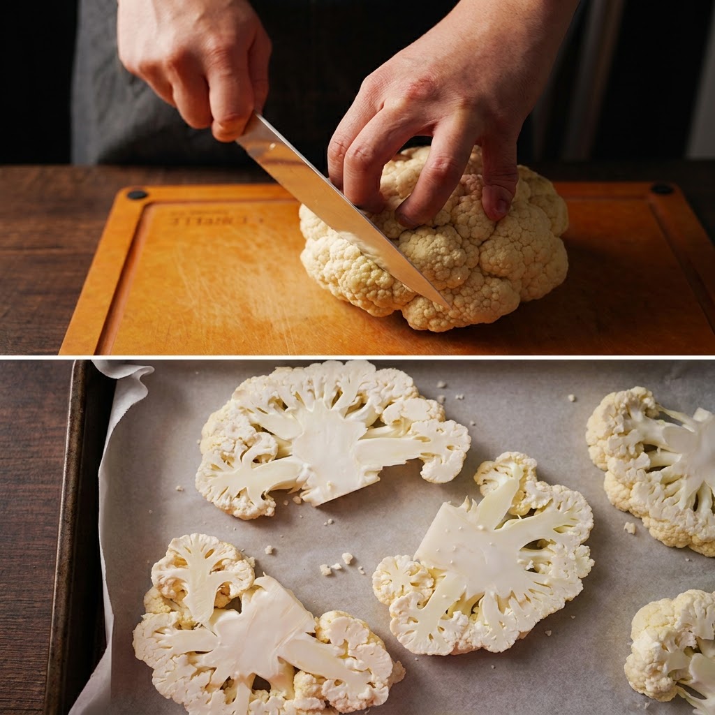 Una vista de cerca de las manos de un chef cortando una cabeza de coliflor blanca fresca en rodajas gruesas sobre una tabla de madera.