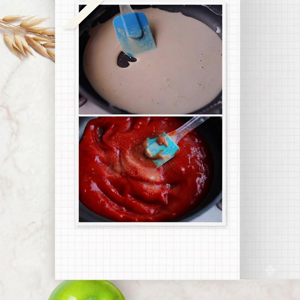 Una espátula azul mezclando y revolviendo una salsa de tomate roja oscura y rica que burbujea en una sartén.