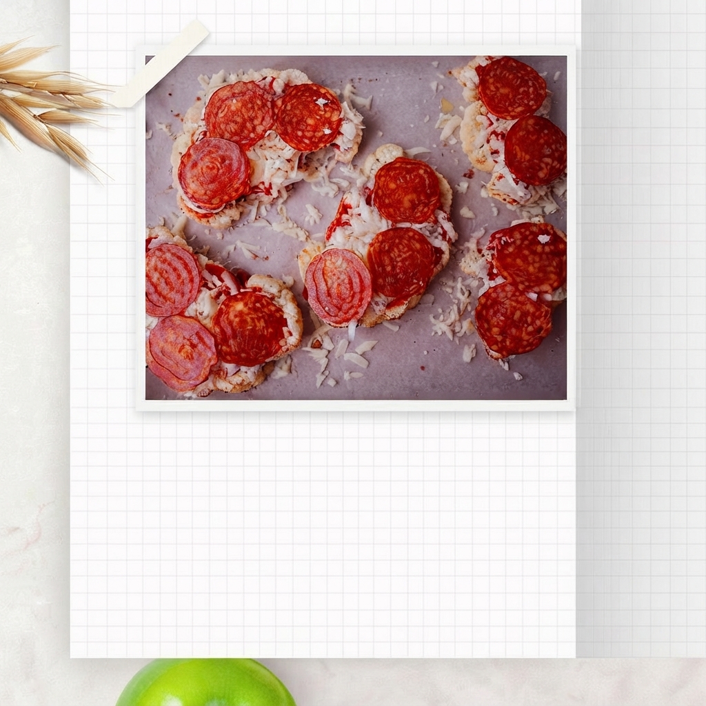 Vista superior de rodajas de coliflor preparadas cubiertas con salsa de tomate, queso derretido y rodajas redondas de pepperoni sobre papel pergamino.
