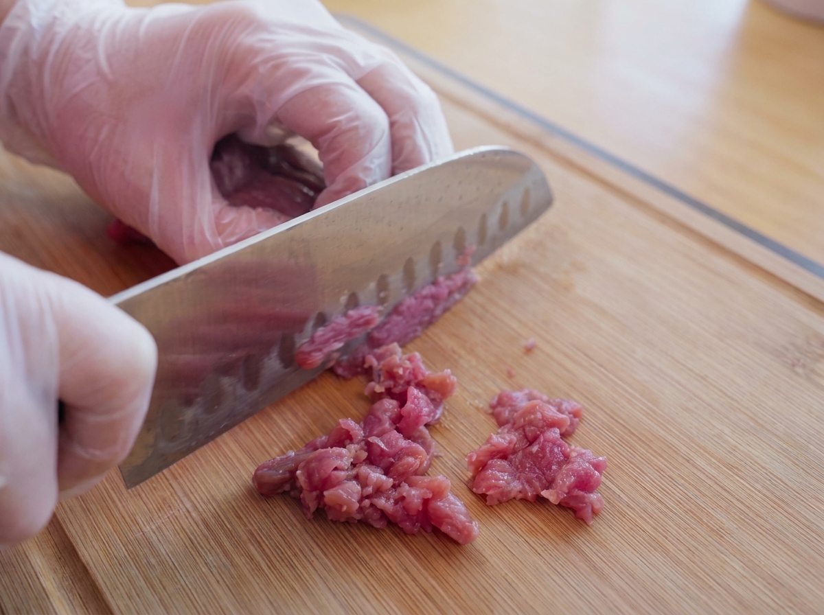 Una mano con guante sosteniendo un cuchillo para cortar carne cruda en una tabla de cortar de madera.
