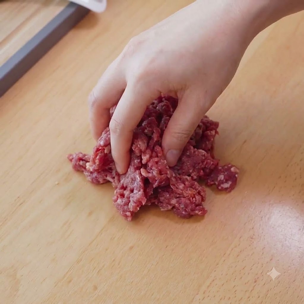 Una mano mezclando carne cruda en cubitos con los ingredientes del adobo en una tabla de cortar de madera.