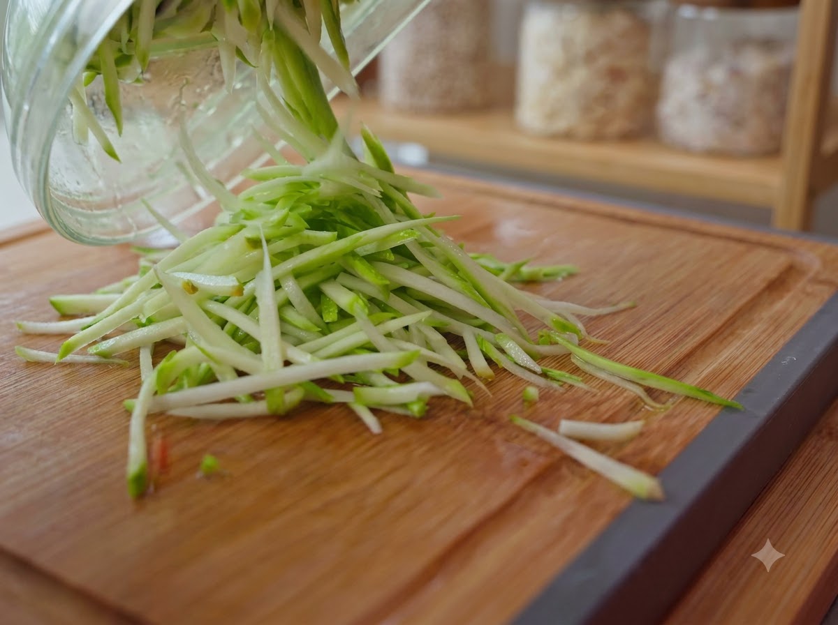 Tiras frescas de zucchini y zanahoria deslizándose desde un tazón de vidrio sobre una tabla de cortar de maderacite: 1.