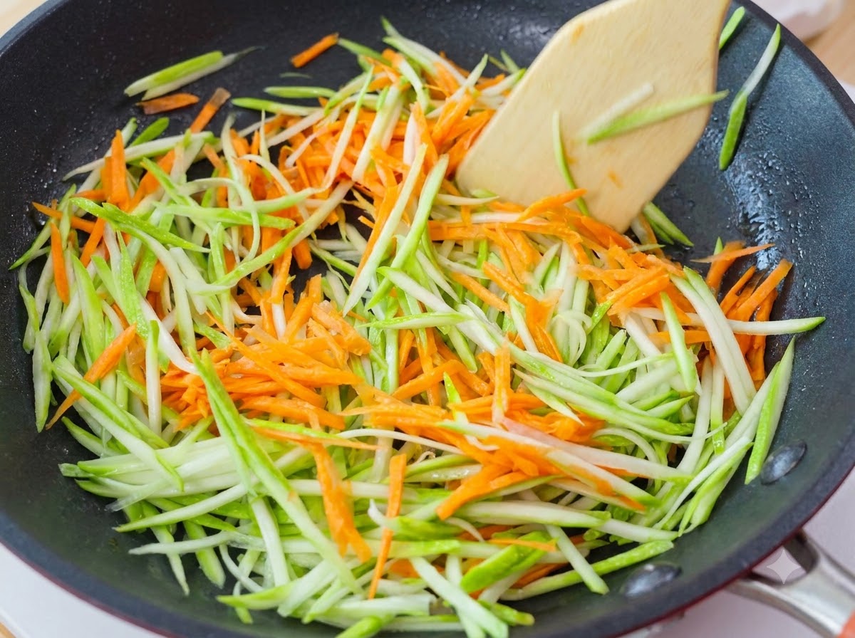 Tiras de zucchini verde y tiras de zanahoria naranja salteándose en una sartén con una espátula de madera.