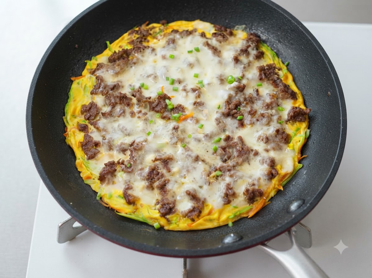 Una torta de zucchini, queso y carne totalmente cocida en una sartén, cubierta con queso derretido y cebollitas picadas.