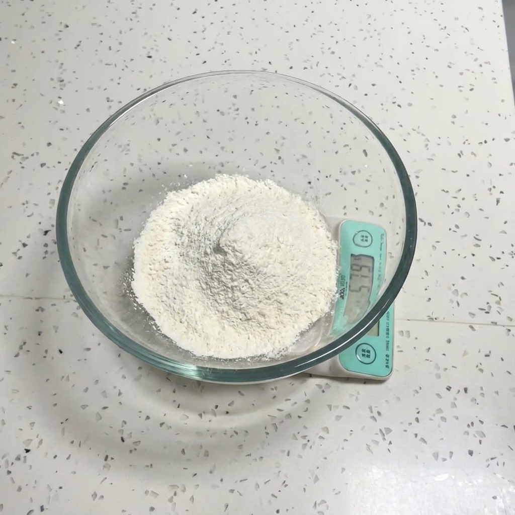 Un tazón de mezcla de vidrio transparente que contiene harina blanca colocado sobre una báscula de cocina digital.