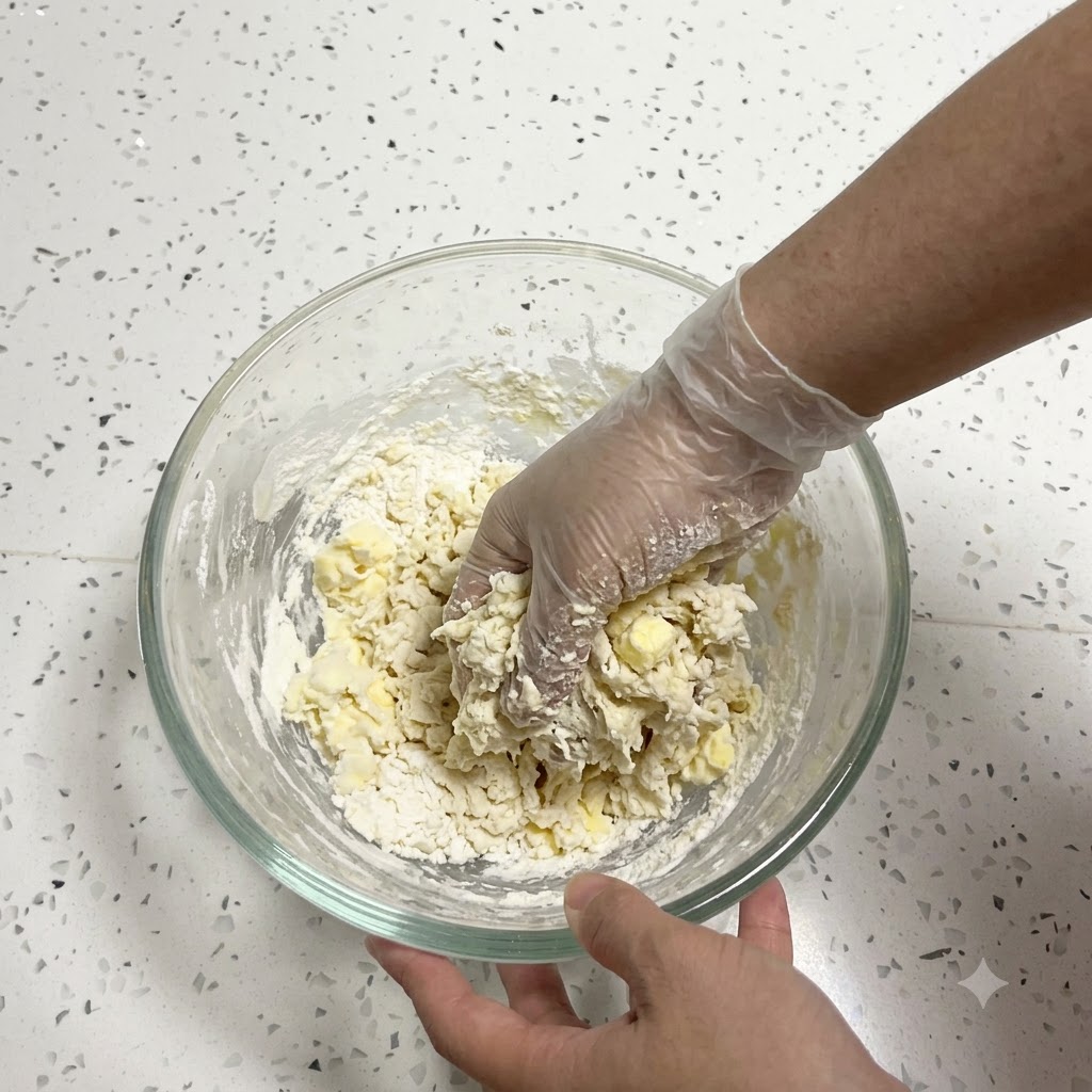 Una mano usando un guante de plástico amasando masa pegajosa y mantequilla dentro de un tazón de vidrio.