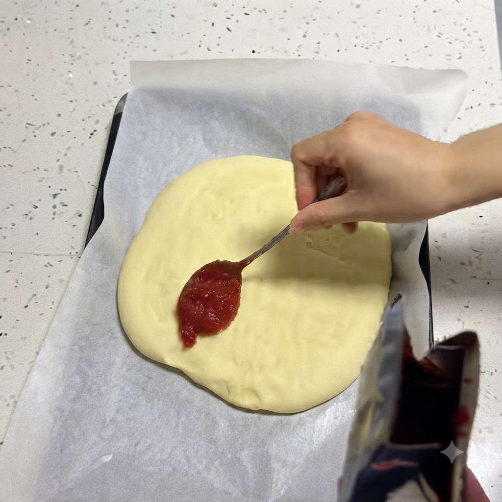 Una mano usando una cuchara para extender salsa de pizza roja sobre una base de pizza parcialmente horneada.
