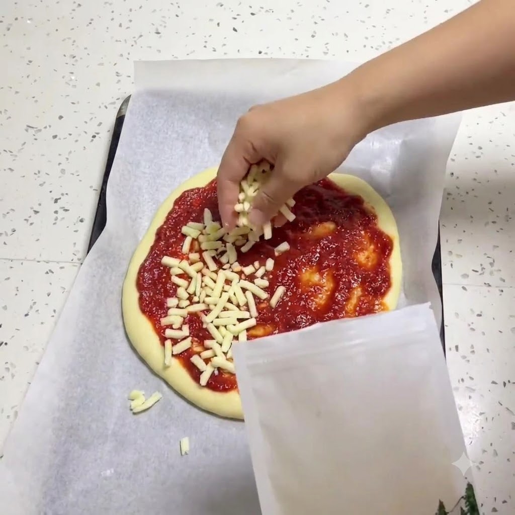 Una mano espolvoreando queso mozzarella rallado de una bolsa sobre una base de pizza cubierta con salsa roja.