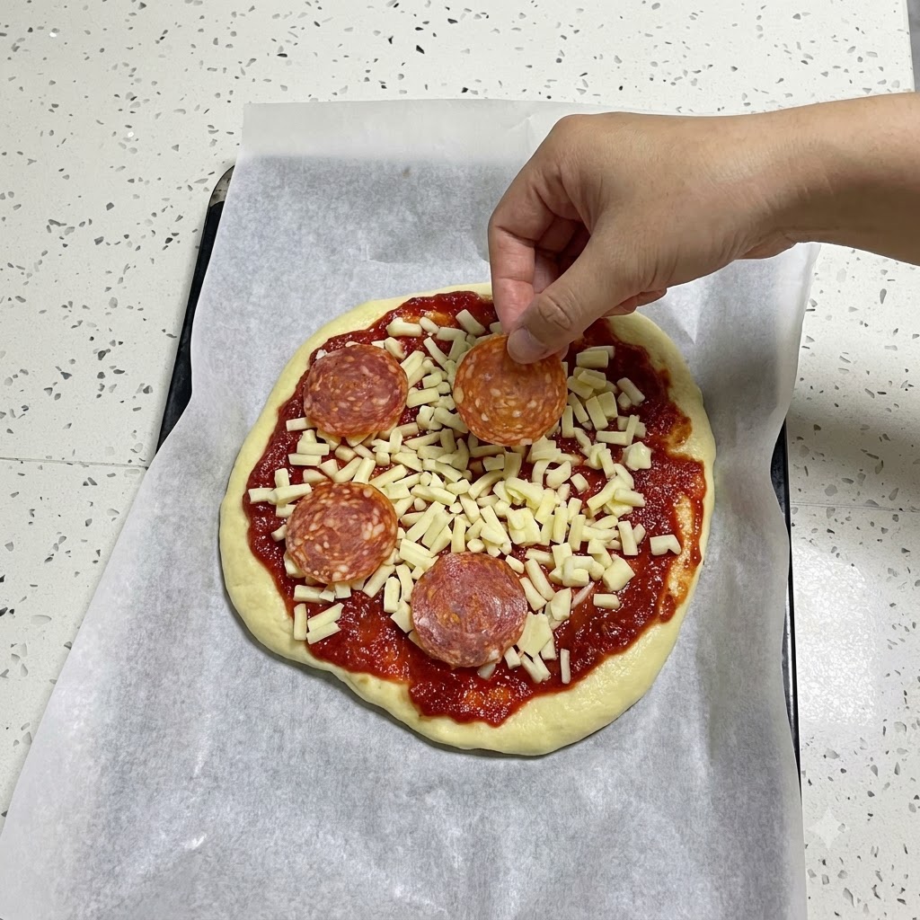 Una mano colocando rodajas redondas de salami sobre una pizza sin hornear cubierta con salsa y queso rallado.