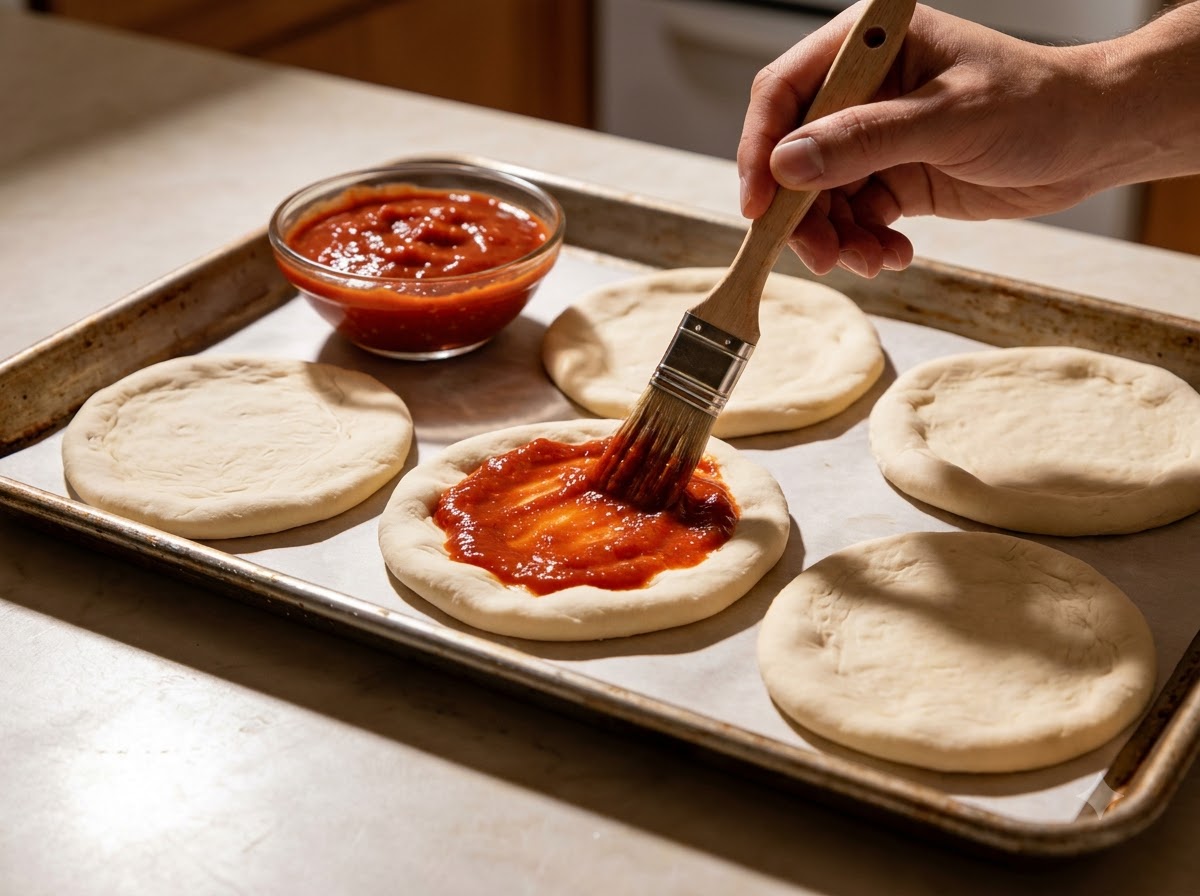 Círculos de masa de pizza aplanados sobre una bandeja de horno siendo untados con pasta de tomate roja.