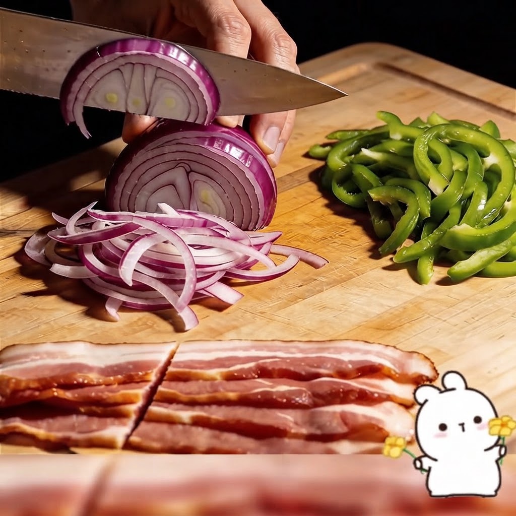 Cebollas rojas cortadas en rodajas finas y tiras de pimiento verde en una tabla de cortar junto a tiras de bacon.