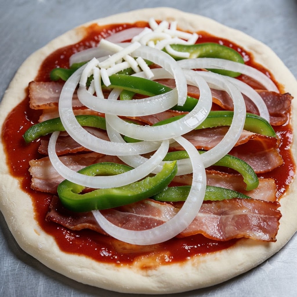 Una base de pizza con capas de salsa de tomate, bacon, rodajas de cebolla, pimiento verde y queso mozzarella.