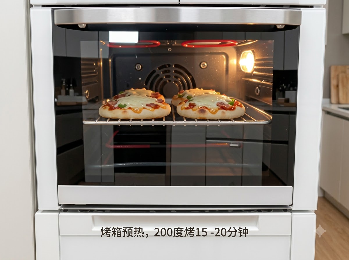 Dos pizzas pequeñas horneándose dentro de un horno caliente precalentado con elementos calefactores visibles.