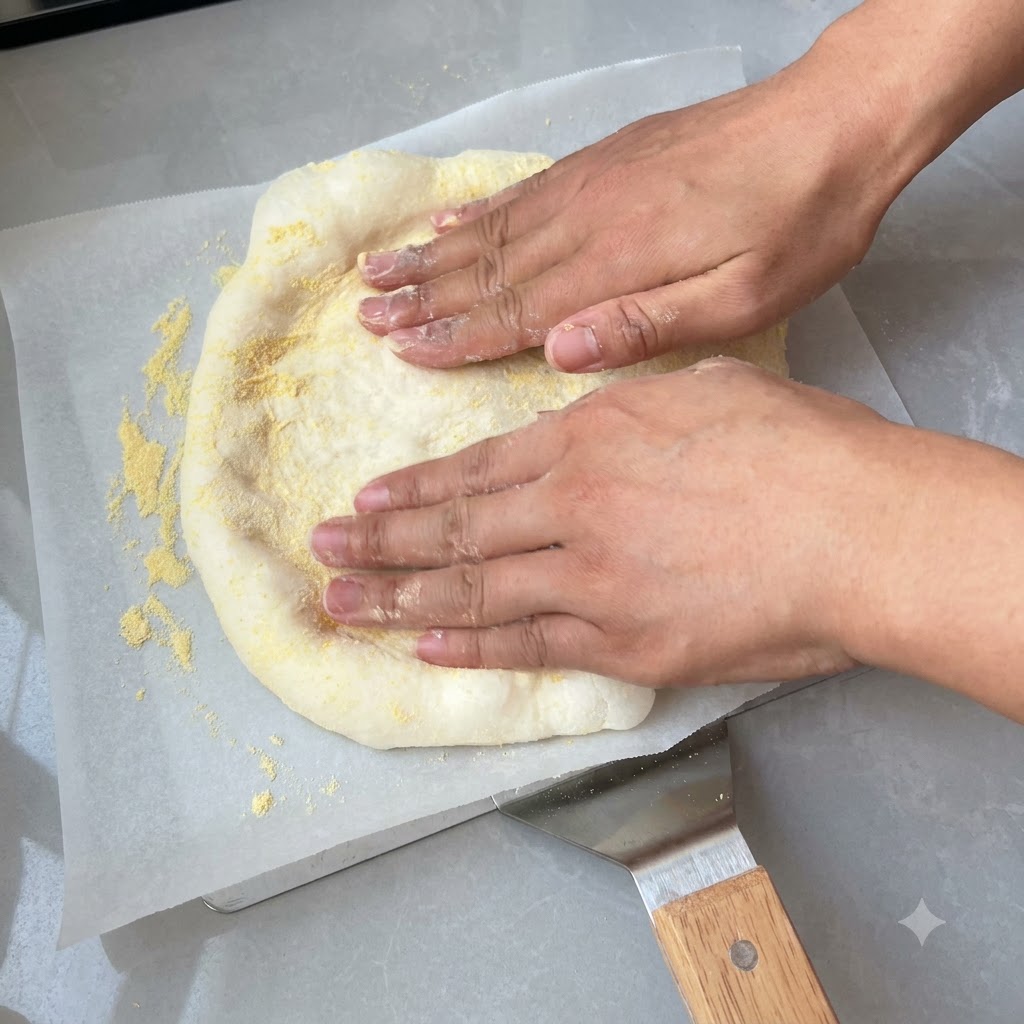 Manos presionando y estirando la masa de pizza en forma circular sobre papel pergamino espolvoreado con harina de maíz.