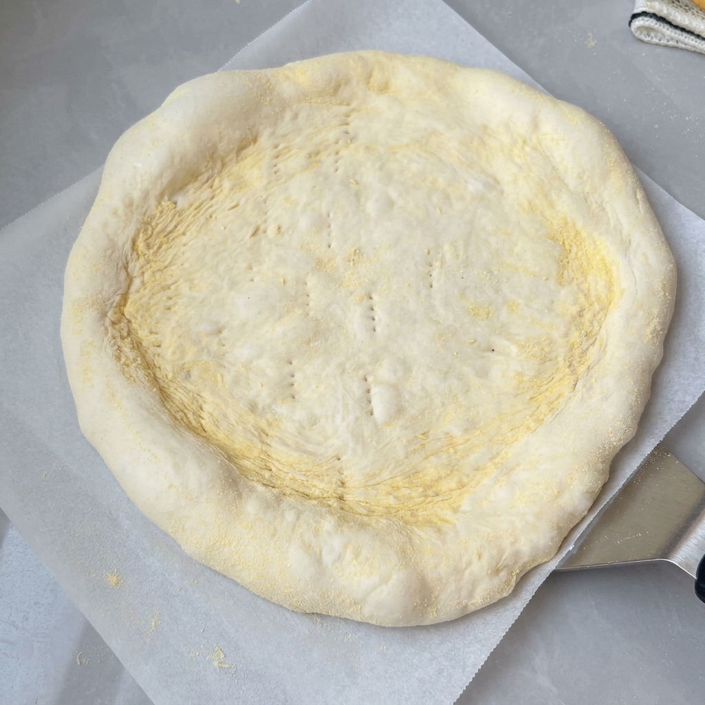 Masa de pizza aplanada sobre papel pergamino con pequeños agujeros hechos con un tenedor en la superficie.