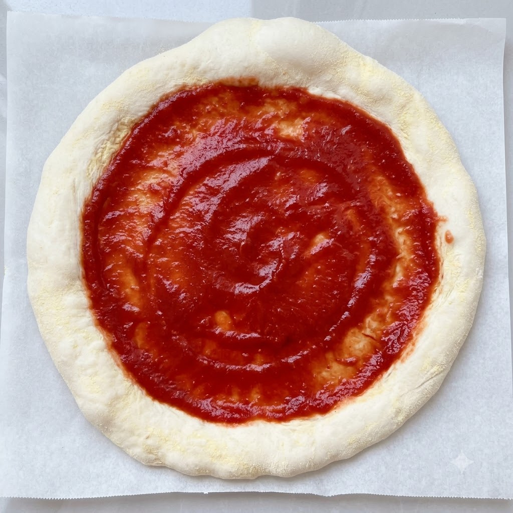 Salsa roja de tomate extendiéndose en espiral sobre el centro de la masa cruda de la pizza.