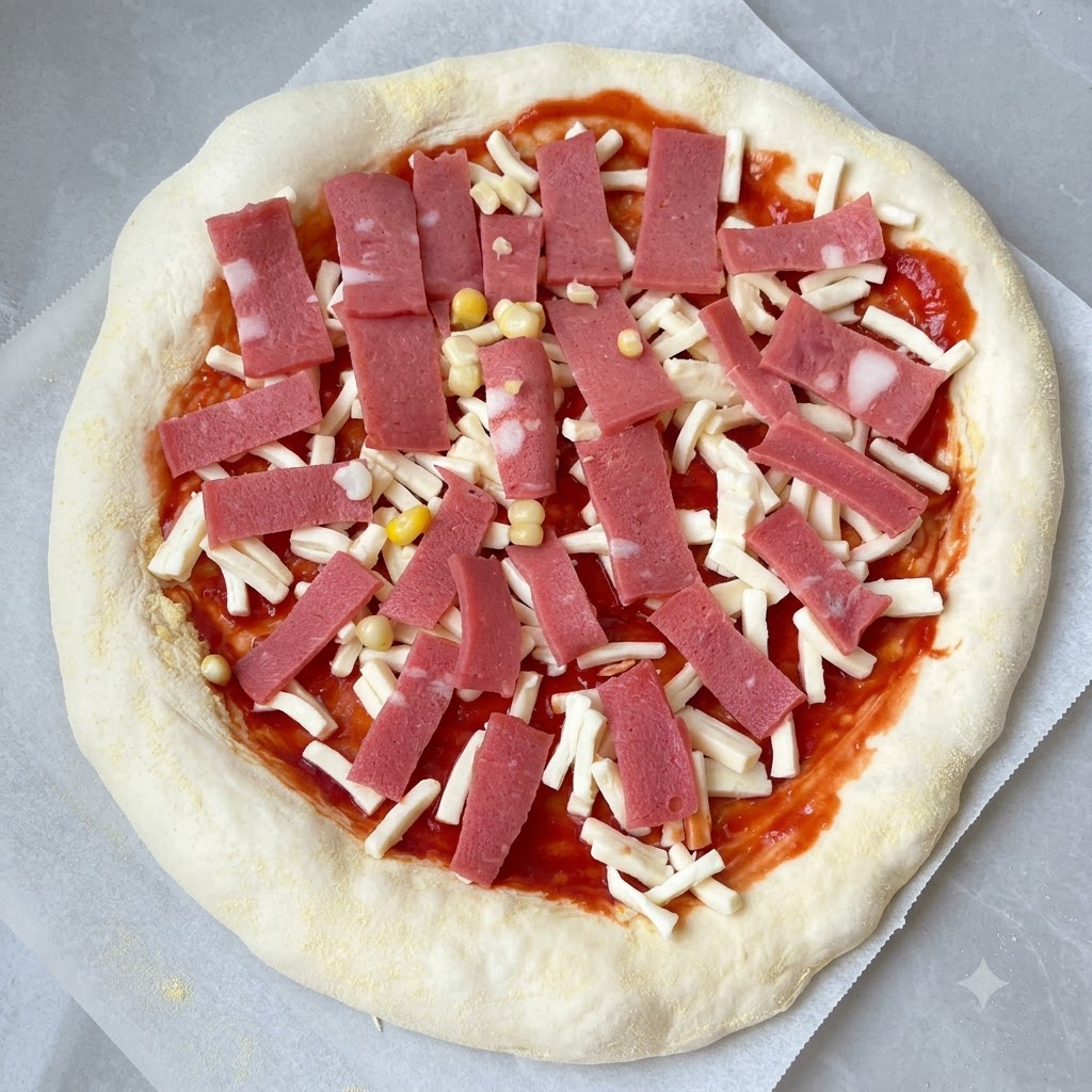 Base de pizza cruda con salsa de tomate, queso rallado, tocino picado y granos de maíz.
