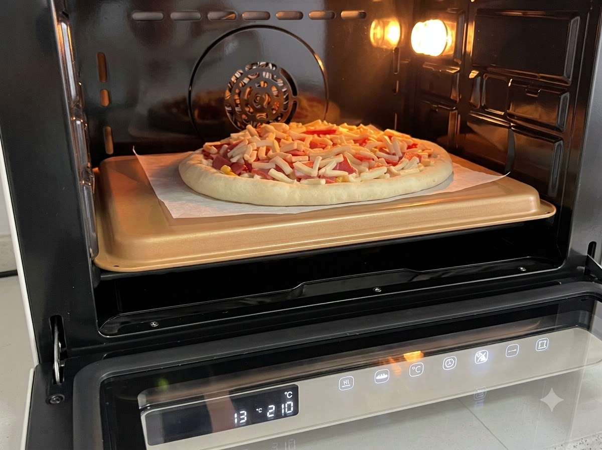 Pizza cruda ensamblada sobre una bandeja dorada dentro de un horno precalentado iluminado.