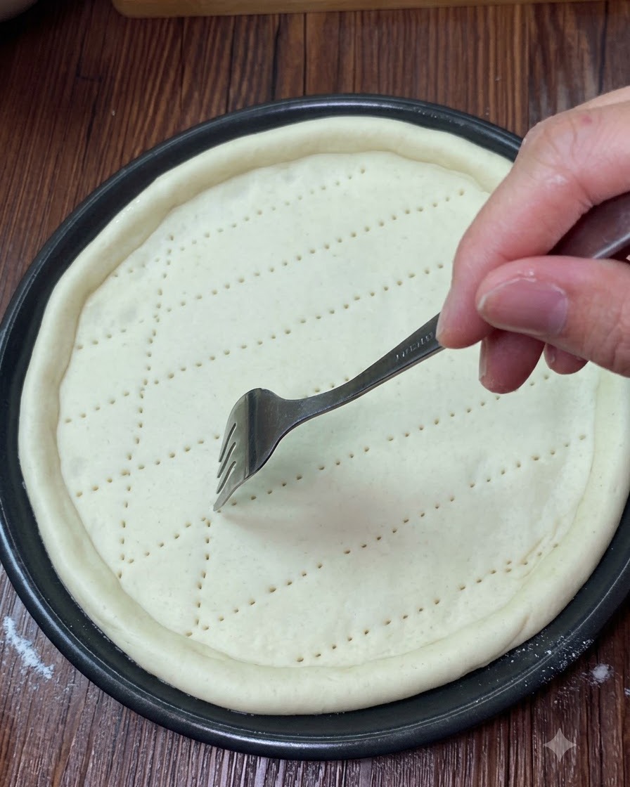 Un tenedor o cuchara esparciendo salsa sobre la superficie de la masa de pizza perforada.
