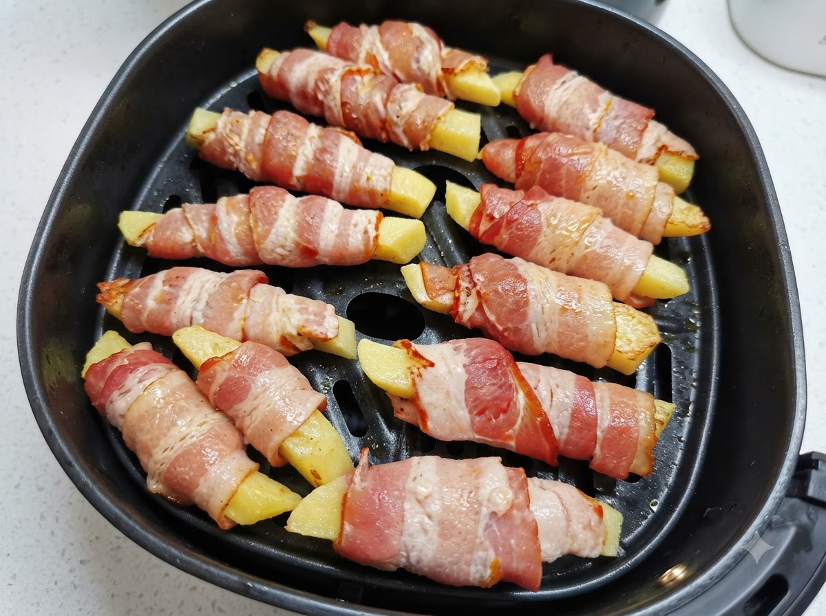 Papas envueltas en tocino dispuestas en la cesta de la freidora de aire siendo rociadas con aceite desde un frasco blanco.