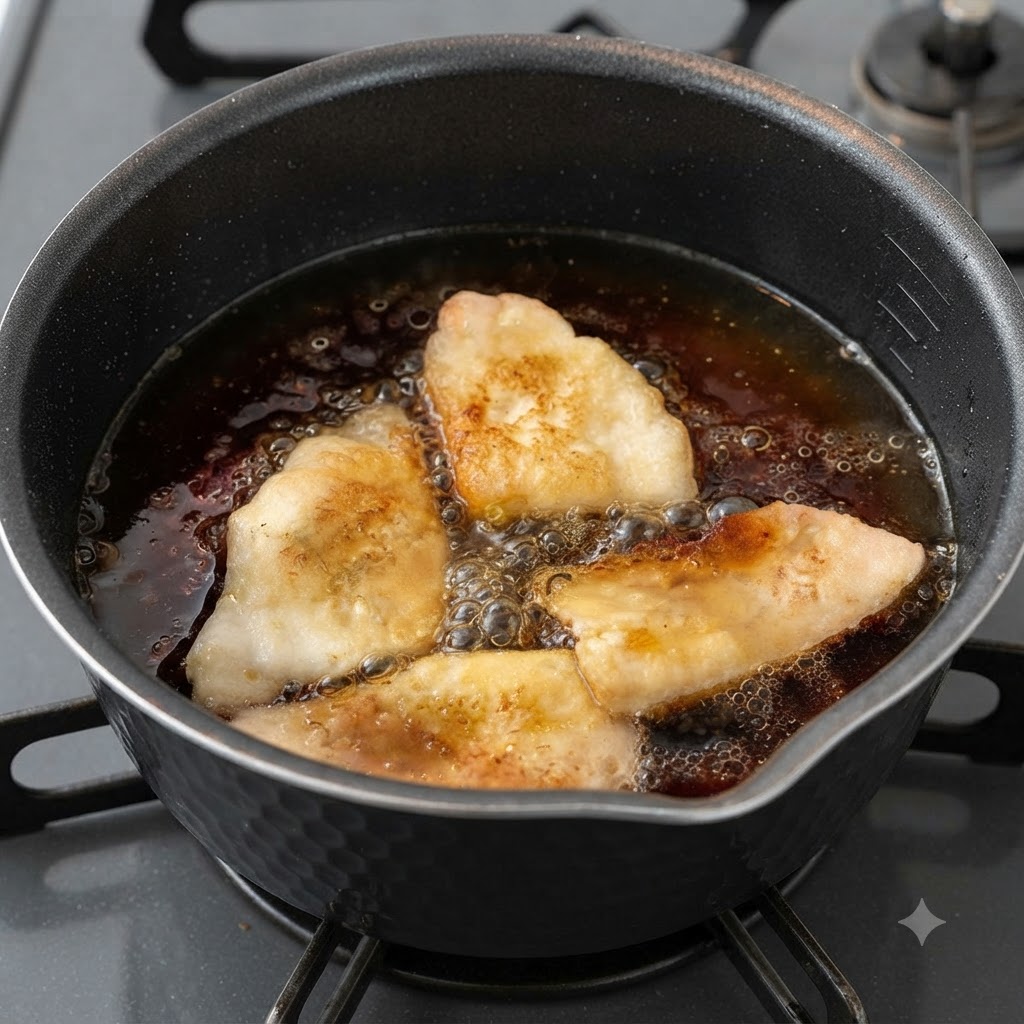 Mirin y sake de cocina siendo añadidos al caldo oscuro que hierve a fuego lento en la olla con panceta de cerdo.