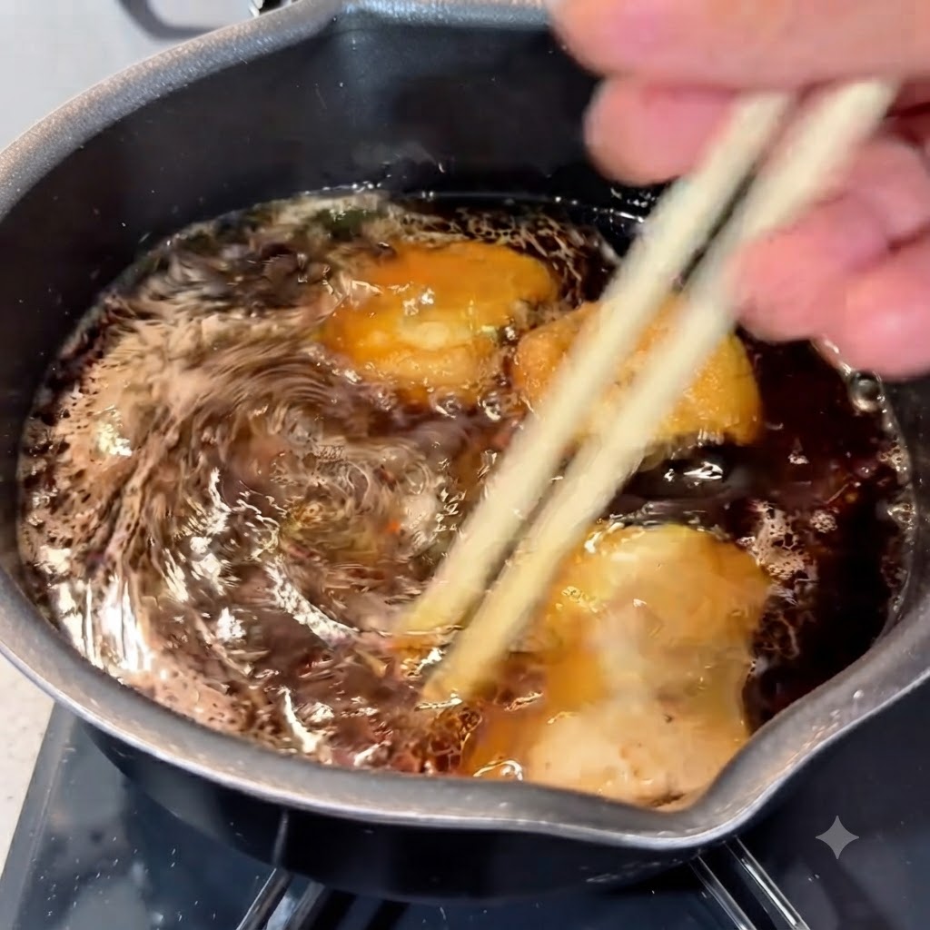 Fideos ramen cocidos y panceta de cerdo siendo revueltos en el caldo de sopa hirviendo a fuego lento usando palillos de madera.