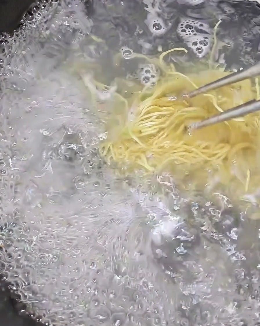 Fideos de bambú cocinándose en una olla con agua hirviendo vigorosamente.