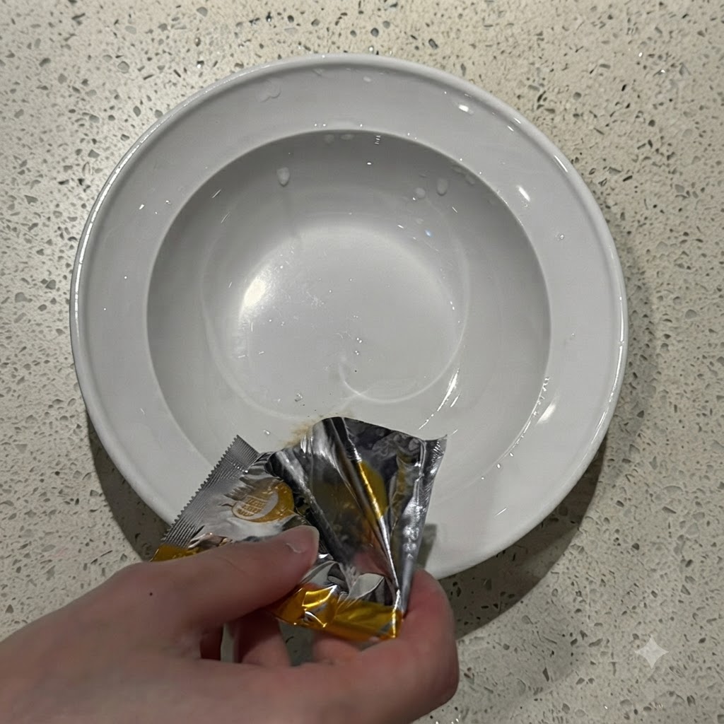 Sazonador en polvo para ramen instantáneo siendo vertido desde un paquete plateado en el fondo de un tazón de cerámica blanca.