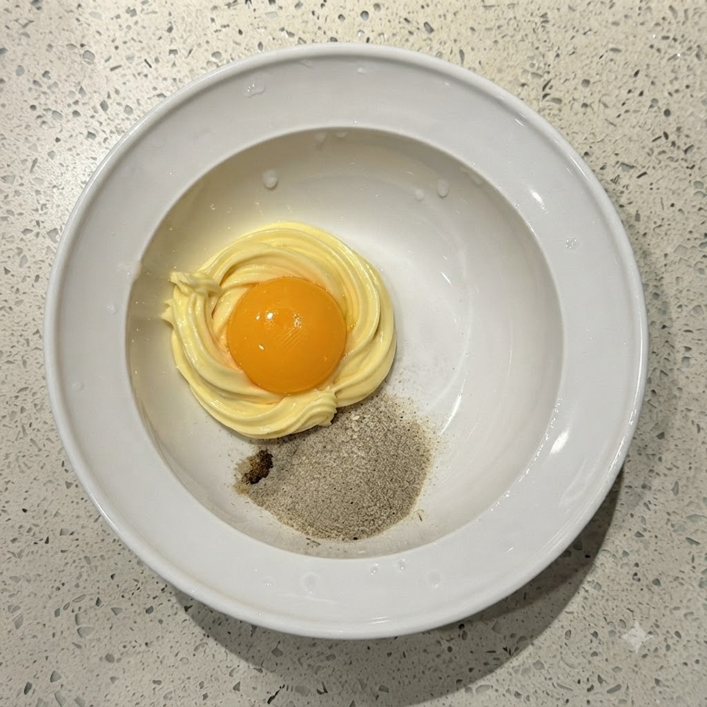 Una yema de huevo de color amarillo vibrante sobre un espiral de mayonesa y sazonador en polvo en un tazón blanco.