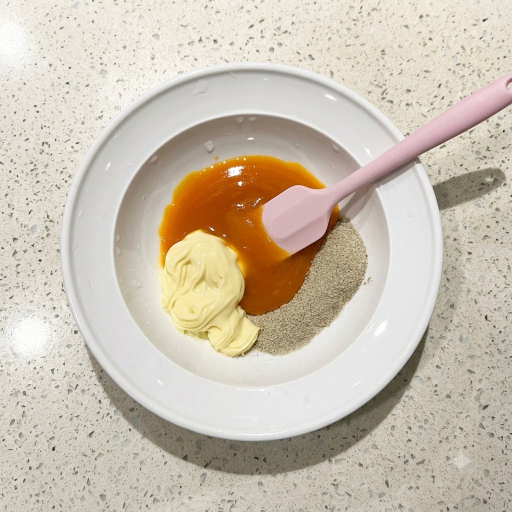 Una espátula de silicona rosa mezclando el sazonador, la mayonesa y la yema de huevo en una salsa naranja suave dentro de un tazón blanco.