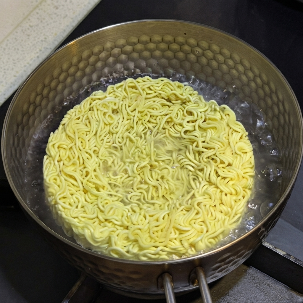 Un bloque de ramen instantáneo amarillo hirviendo en agua burbujeante dentro de una olla de metal con patrón en la estufa.