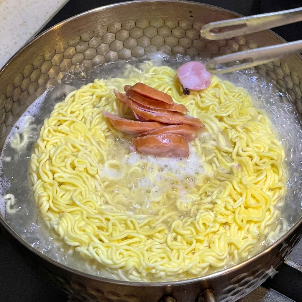 Salchichas en rodajas y un trozo de pastel de pescado colocados con pinzas de metal en una olla con fideos ramen instantáneos hirviendo.