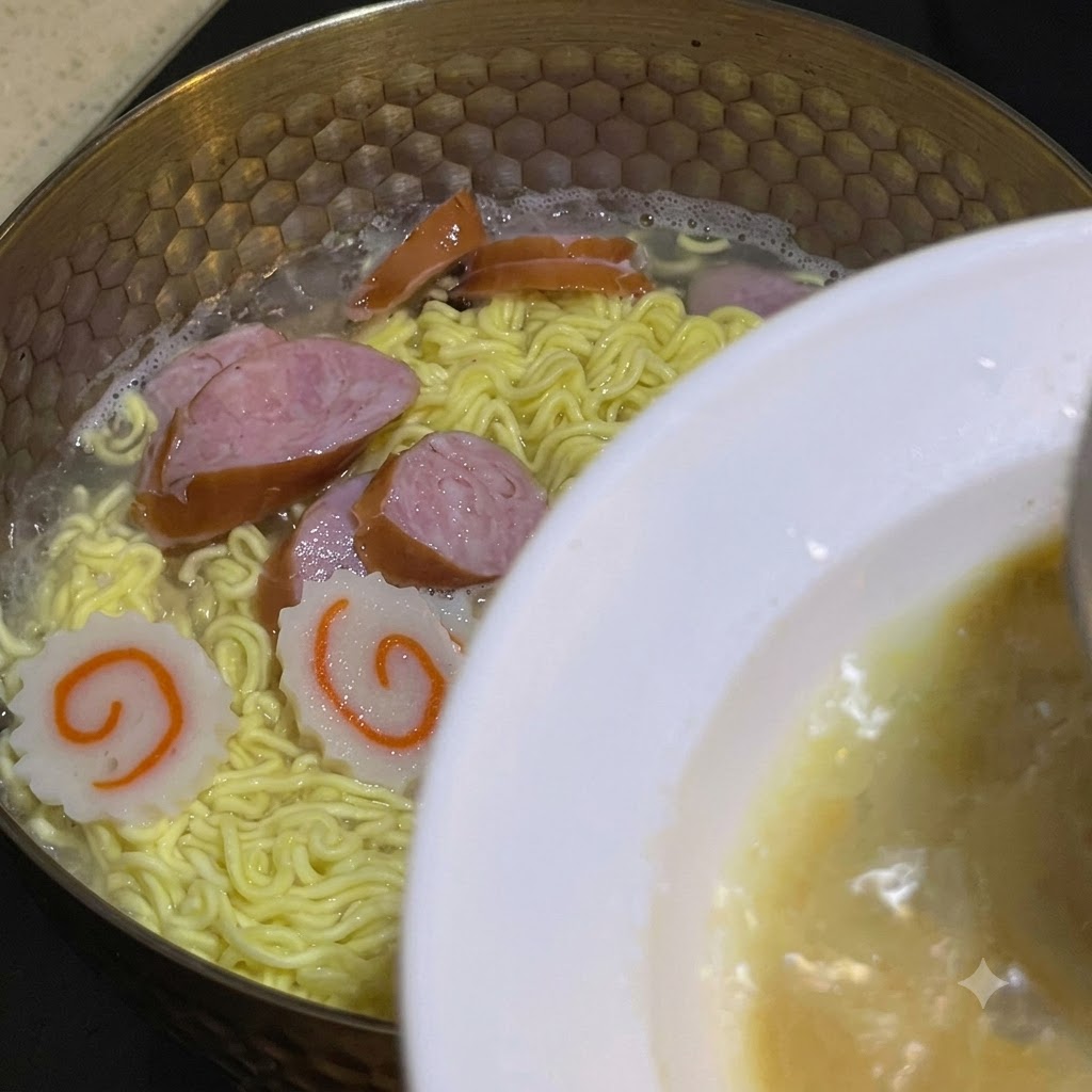 Un cucharón sacando caldo caliente de la olla de cocción hacia un tazón blanco con salsa.