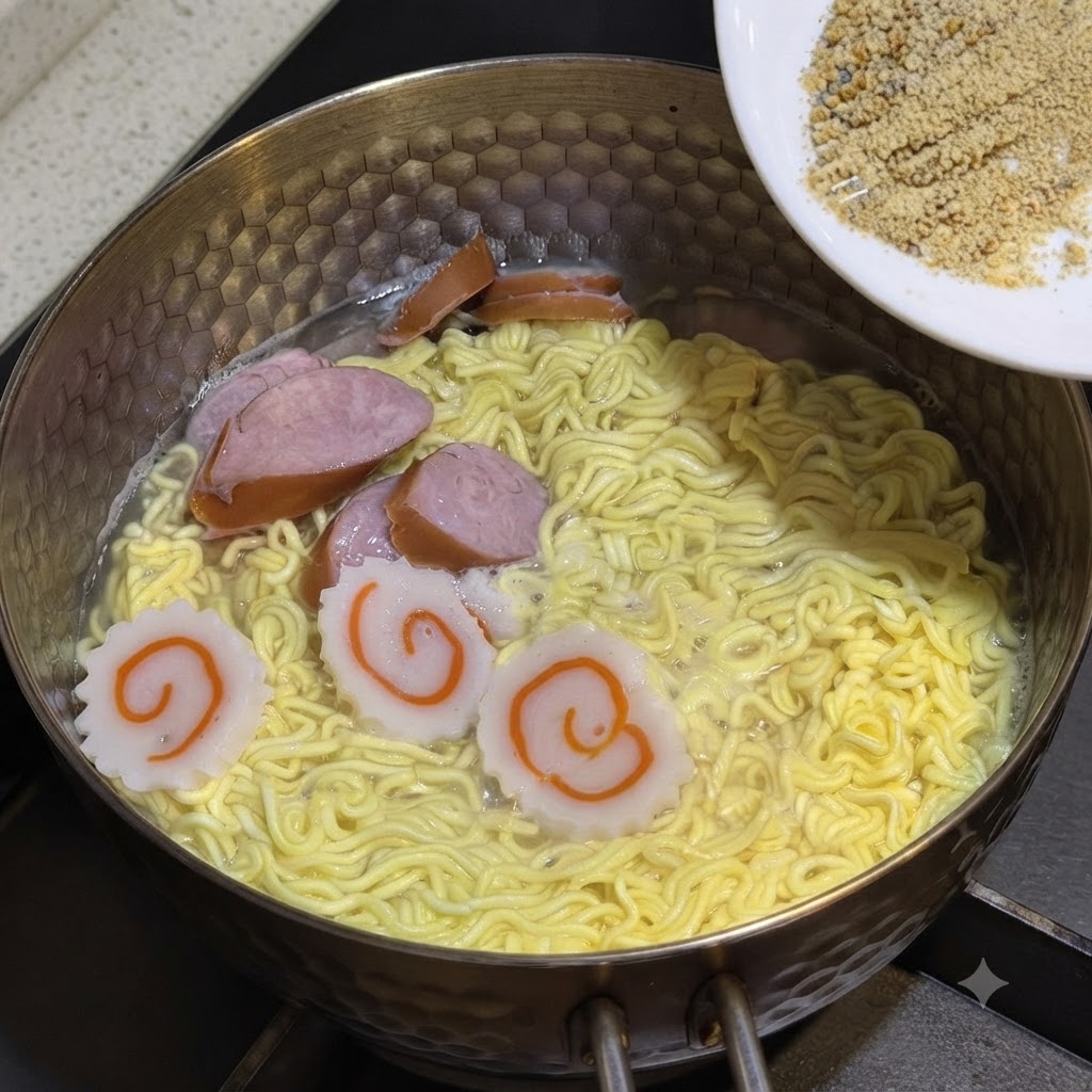 Salsa sazonada y mezclada siendo vertida desde un plato blanco en la olla de fideos hirviendo.