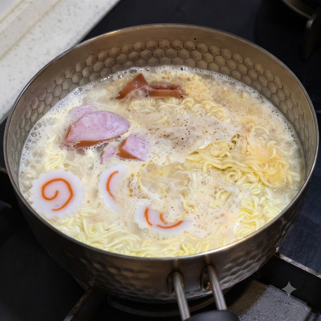 Clara de huevo siendo vertida en la olla hirviendo de fideos y salchichas.