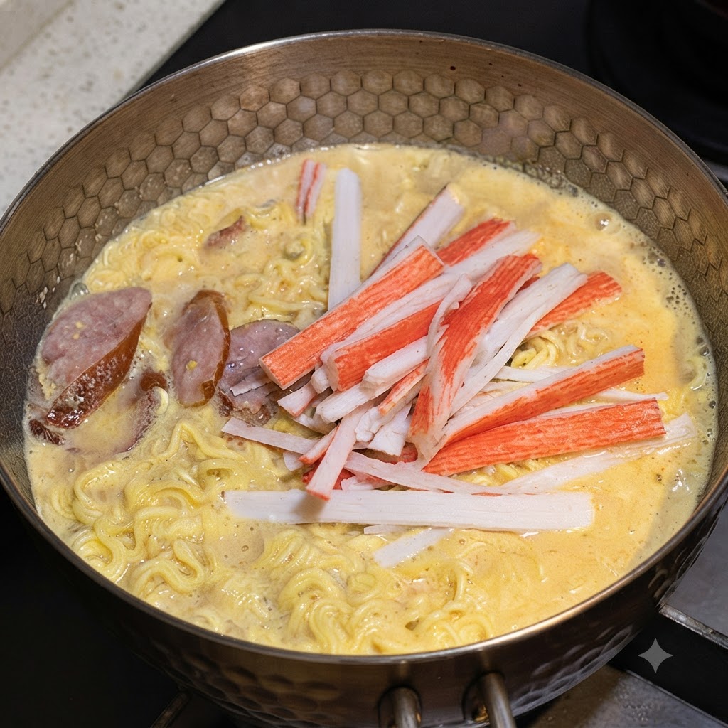 Bastoncitos de cangrejo desmenuzados esparcidos encima de los fideos hirviendo en la olla.