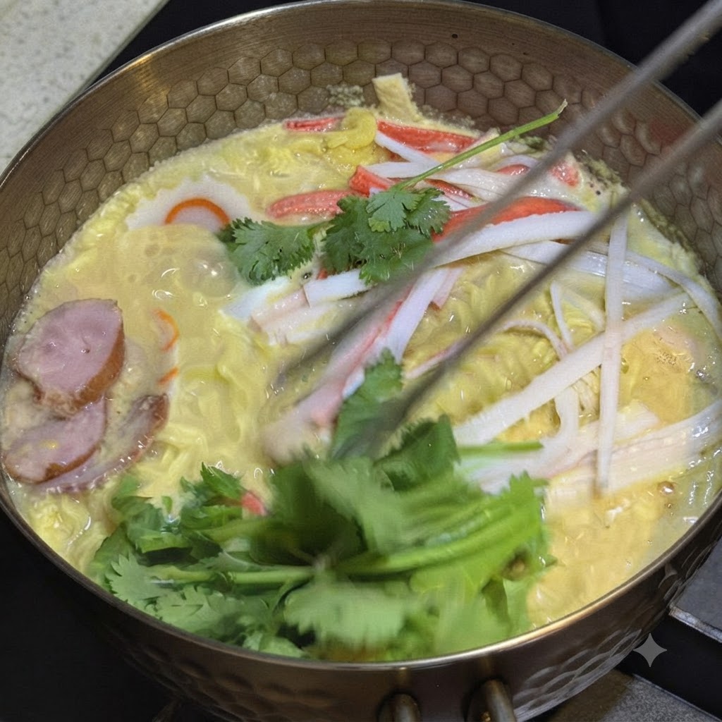 Cilantro fresco colocado encima de los fideos ramen cocidos usando pinzas.