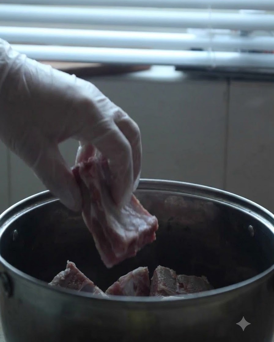 Patas de cerdo y huesos de pierna agregándose a una olla de metal grande.