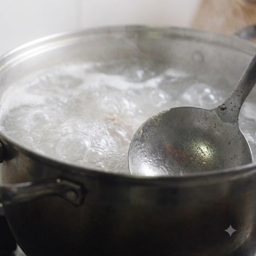 Un colador de malla fina espumando espuma blanca de una olla de caldo burbujeante.